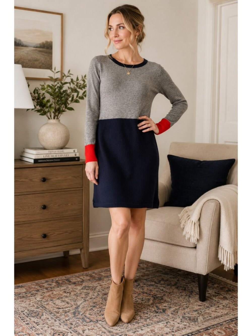 Boden US 10 Colorblock Knit Sweater Dress Gray Navy Red Wool Blend Preppy